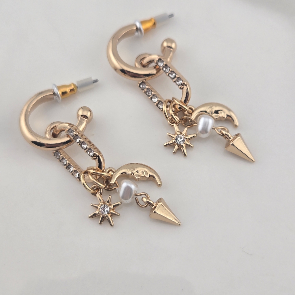 Gold Celestial Charm Hoop Earrings | Moon Star Pearl Dangle | NWOT